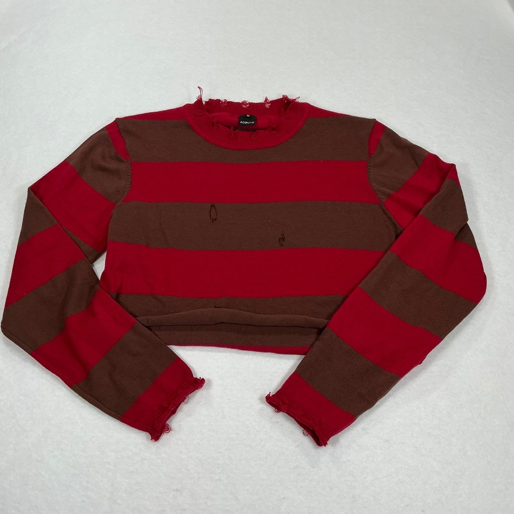Aobute Red Brown Striped Cropped Distressed Sweater Mens Medium Freddy Krueger